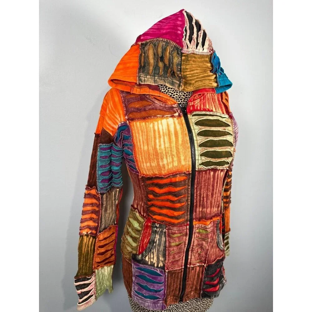 The Collection Royal Womens Zip Jacket Patchwork Colorful Hoodie Zip Boho Hippie